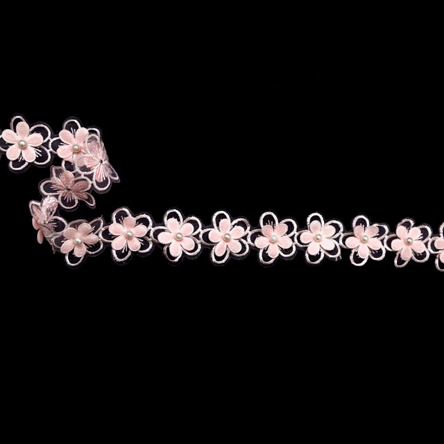 3D Peach Embroidered Organza Floral Pearl Trim - 1.5"