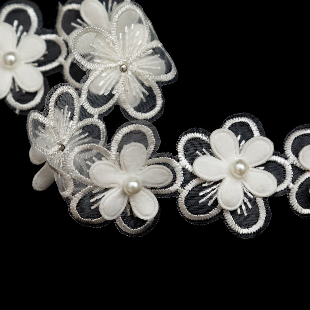 3D Ivory Embroidered Organza Floral Pearl Trim - 1.5 - Detail