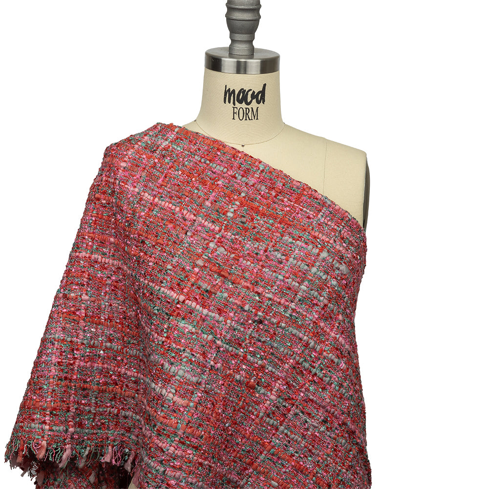 Newcastle Pink, Coral and Green Metallic Viscose and Acrylic Chenille Tweed - Detail