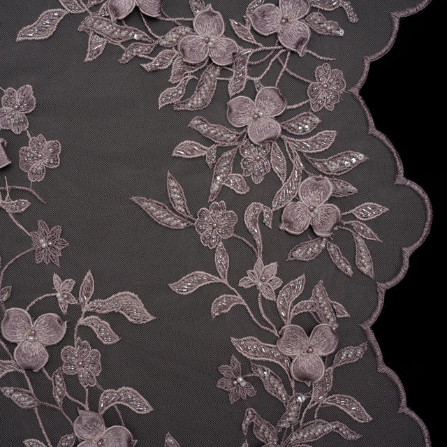 3D Embroidered Lace with Beads and Scalloped Edges - Lilac Floral