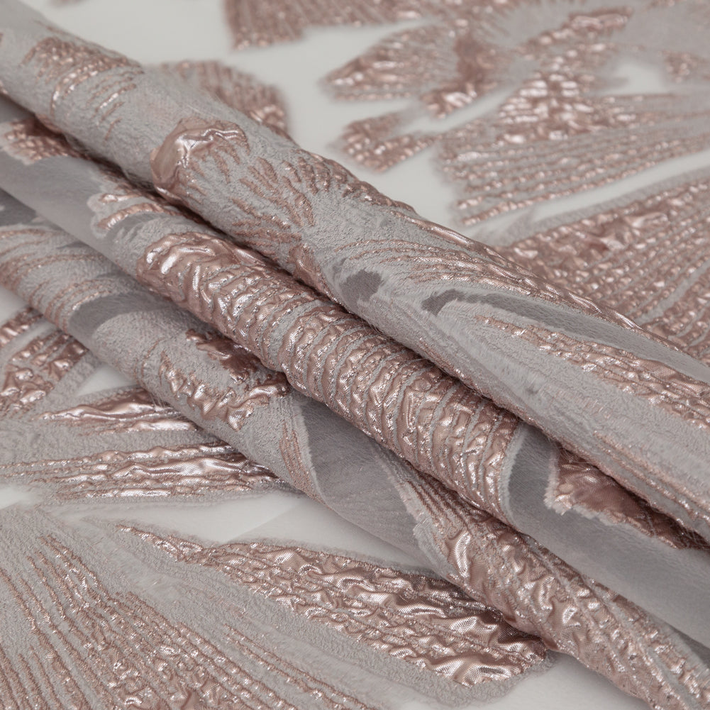 Metallic Rose and Warm Gray Large-Scale Burnout Floral Luxury Brocade - Detail