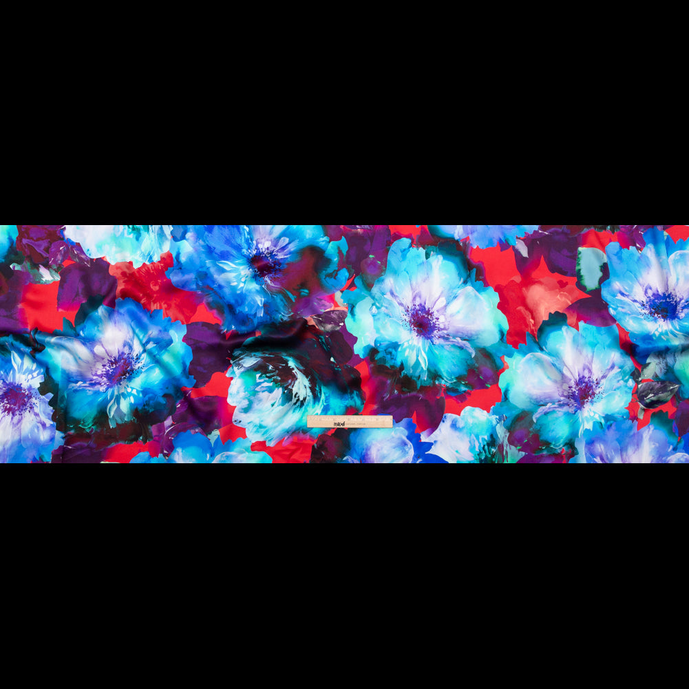 Italian Blue Windsor Wine and Purple Painterly Floral Digitally Printed Silk Charmeuse - Folded