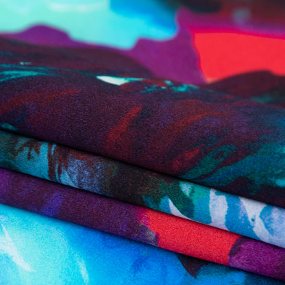 Italian Blue Windsor Wine and Purple Painterly Floral Digitally Printed Silk Charmeuse - Detail