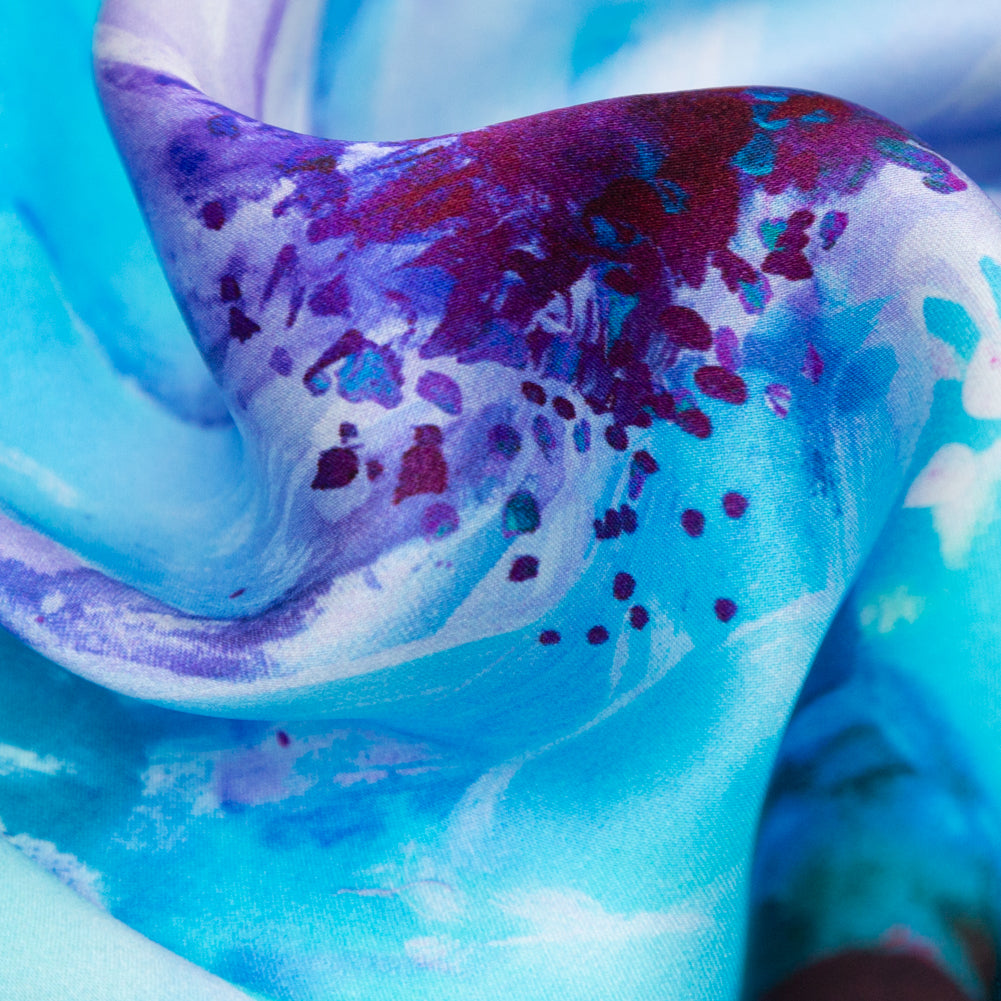 Italian Blue Windsor Wine and Purple Painterly Floral Digitally Printed Silk Charmeuse - Full