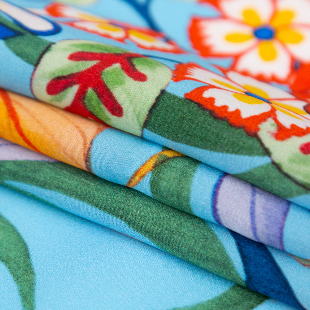 Italian Burnt Ochre and Heritage Blue Floral Digitally Printed Silk Charmeuse - Folded