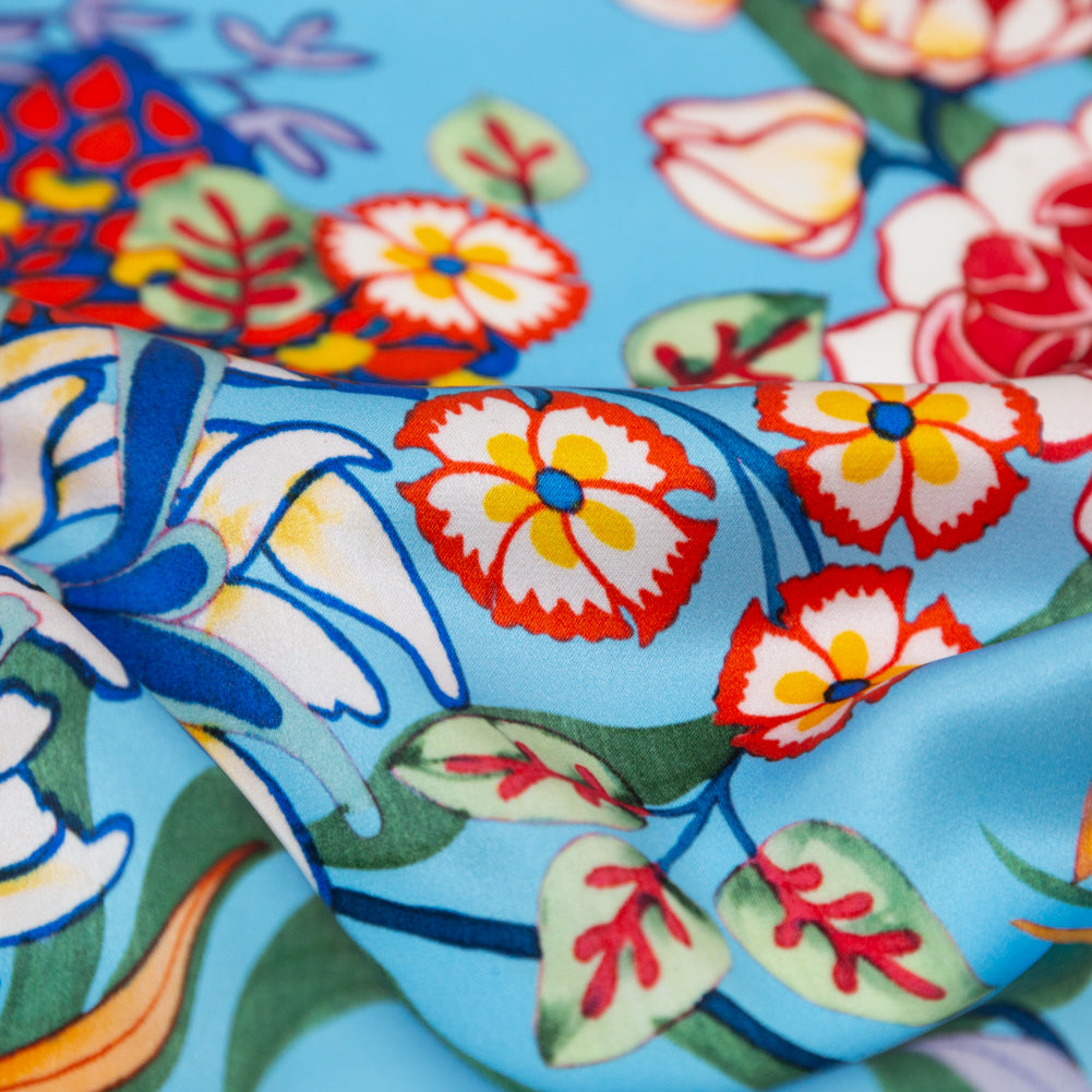 Italian Burnt Ochre and Heritage Blue Floral Digitally Printed Silk Charmeuse - Detail
