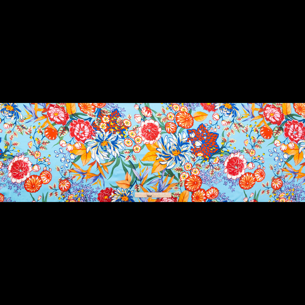 Italian Burnt Ochre and Heritage Blue Floral Digitally Printed Silk Charmeuse - Full