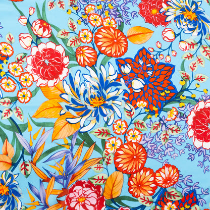 Italian Burnt Ochre and Heritage Blue Floral Digitally Printed Silk Charmeuse