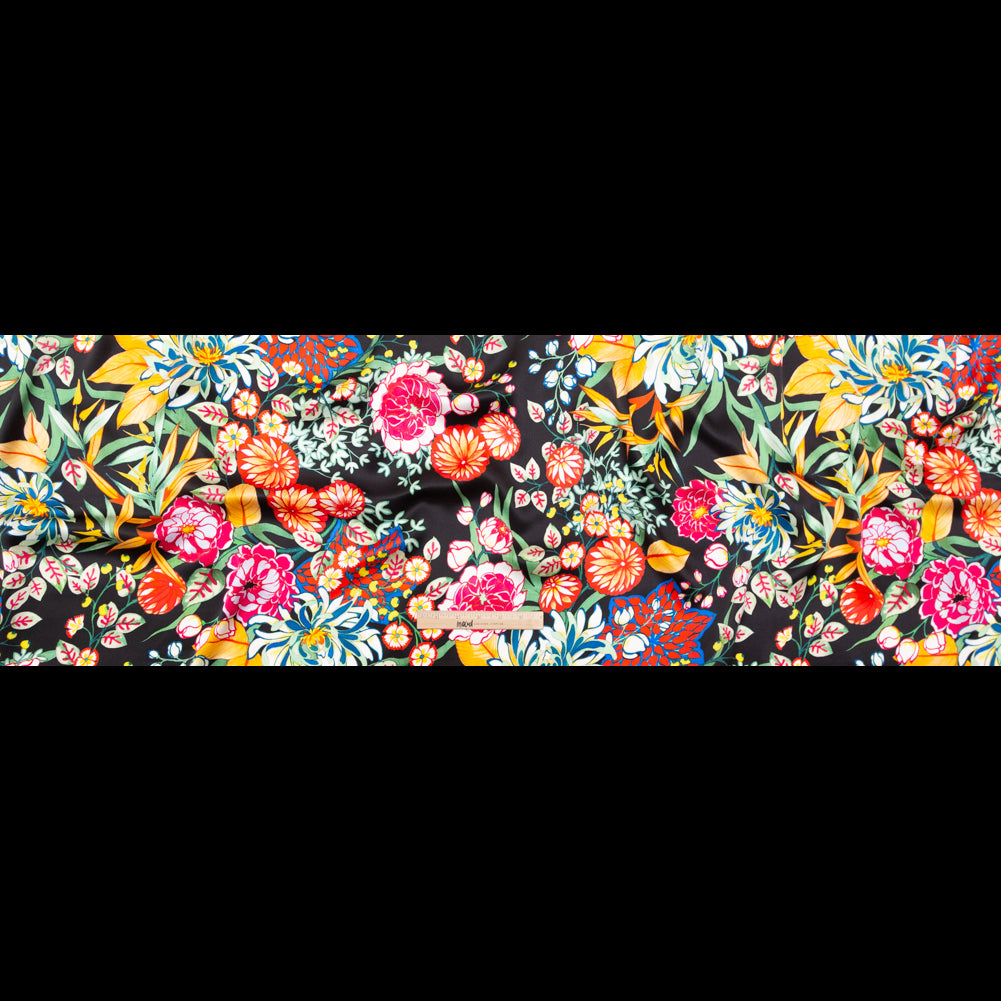 Mood Exclusive Italian Black, Green and Tangerine Floral Digitally Printed Silk Charmeuse Folded