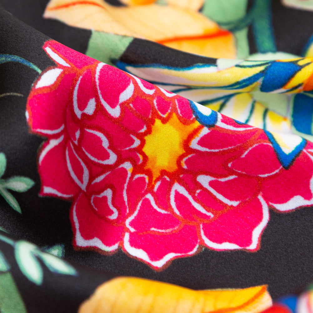 Mood Exclusive Italian Black, Green and Tangerine Floral Digitally Printed Silk Charmeuse Full