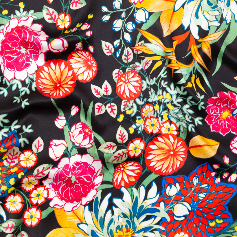 Mood Exclusive Italian Black, Green and Tangerine Floral Digitally Printed Silk Charmeuse