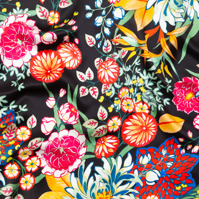 Mood Exclusive Italian Black, Green and Tangerine Floral Digitally Printed Silk Charmeuse