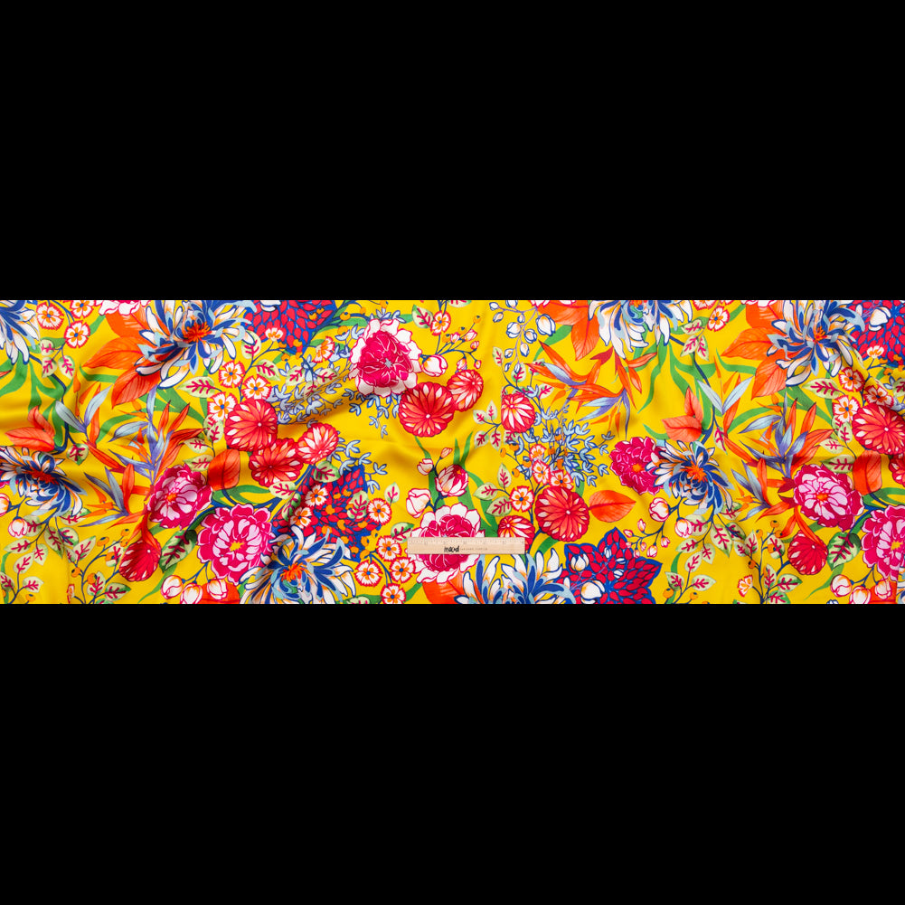 Mood Exclusive Italian Mimosa and Stone Blue Floral Digitally Printed Silk Charmeuse Folded
