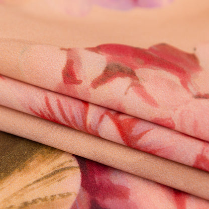 Italian Dusty Rose and Pompeian Red Painterly Floral Digitally Printed Silk Charmeuse - Detail