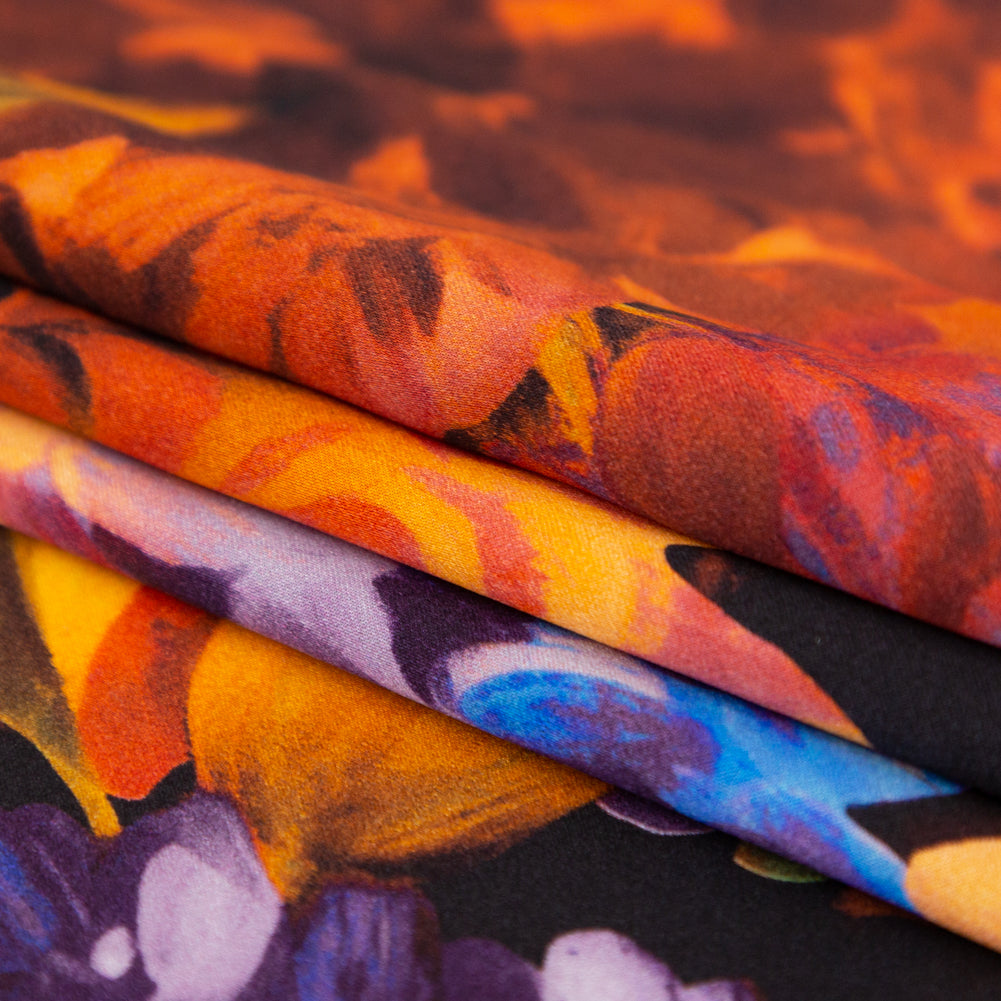 Italian Jaffa Orange, Moss and Grape Royale Painterly Floral Digitally Printed Silk Charmeuse - Folded