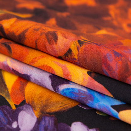 Italian Jaffa Orange, Moss and Grape Royale Painterly Floral Digitally Printed Silk Charmeuse - Folded