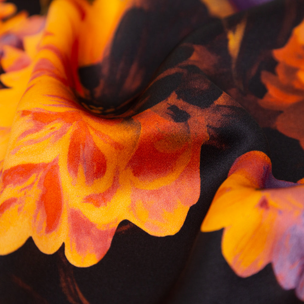 Italian Jaffa Orange, Moss and Grape Royale Painterly Floral Digitally Printed Silk Charmeuse - Detail