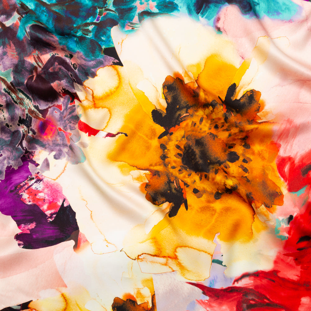 Italian Red, Mustard and Teal Abstract Floral Silk Charmeuse