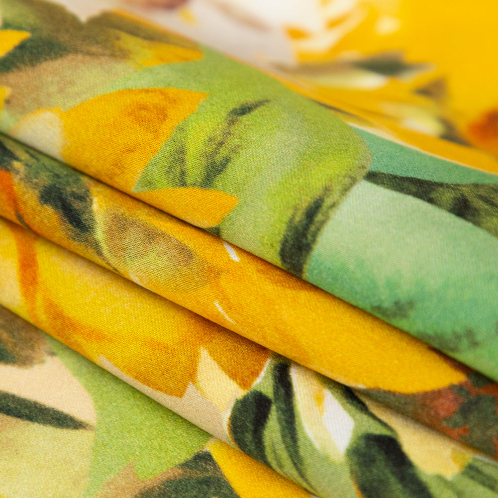 Italian Yellow and Green Sunflowers Digitally Printed Silk Charmeuse - Detail
