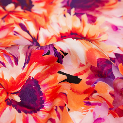 Mood Exclusive Italian Hot Coral and Purple Sunflowers Digitally Printed Silk Charmeuse Full