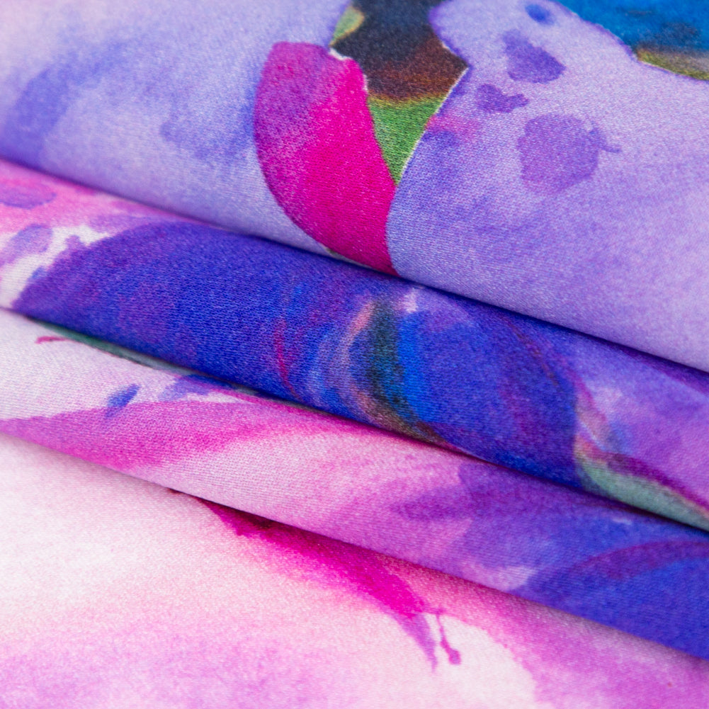 Italian Deep Blue and Red Violet Watercolor Floral Digitally Printed Silk Charmeuse - Folded
