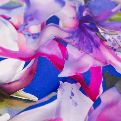 Italian Deep Blue and Red Violet Watercolor Floral Digitally Printed Silk Charmeuse - Detail
