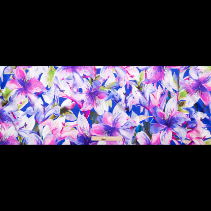 Italian Deep Blue and Red Violet Watercolor Floral Digitally Printed Silk Charmeuse - Full