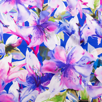 Italian Deep Blue and Red Violet Watercolor Floral Digitally Printed Silk Charmeuse