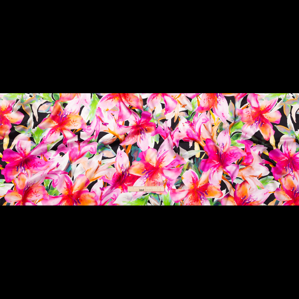 Italian Pink and Black Watercolor Floral Digitally Printed Silk Charmeuse - Folded