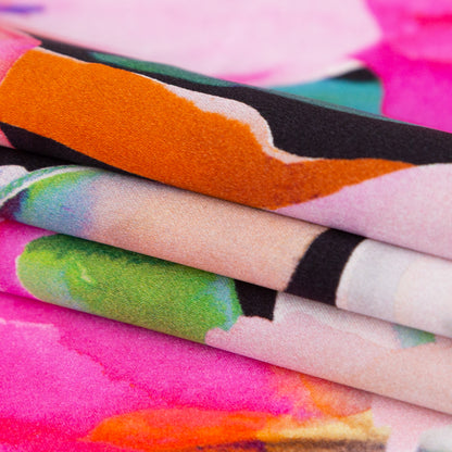 Italian Pink and Black Watercolor Floral Digitally Printed Silk Charmeuse - Detail