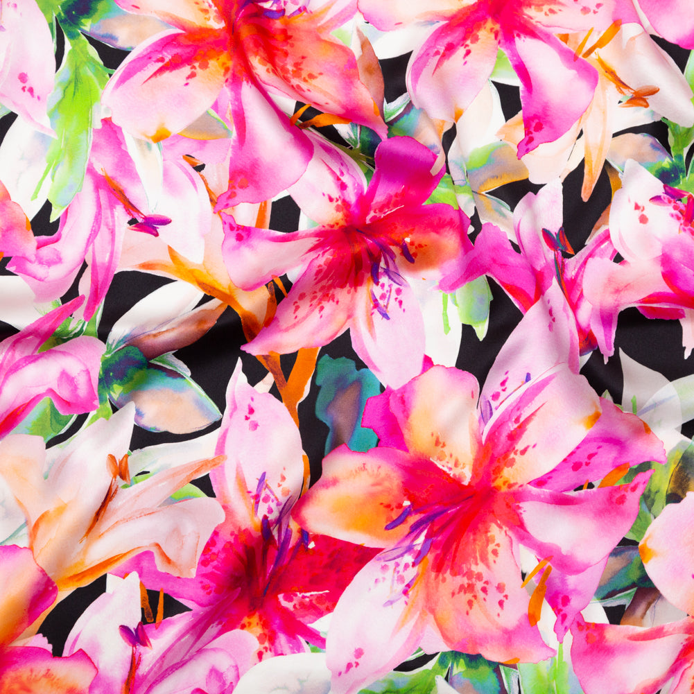 Italian Pink and Black Watercolor Floral Digitally Printed Silk Charmeuse