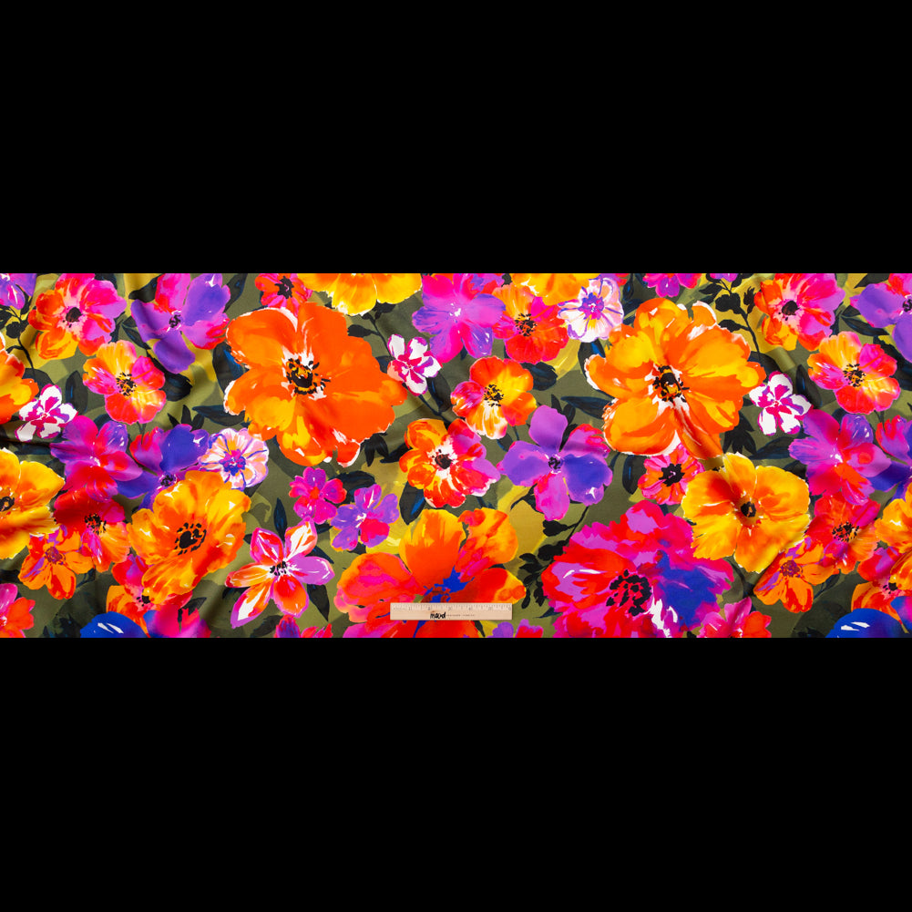 Italian Proper Pink and Tangy Orange Floral Digitally Printed Silk Charmeuse - Folded