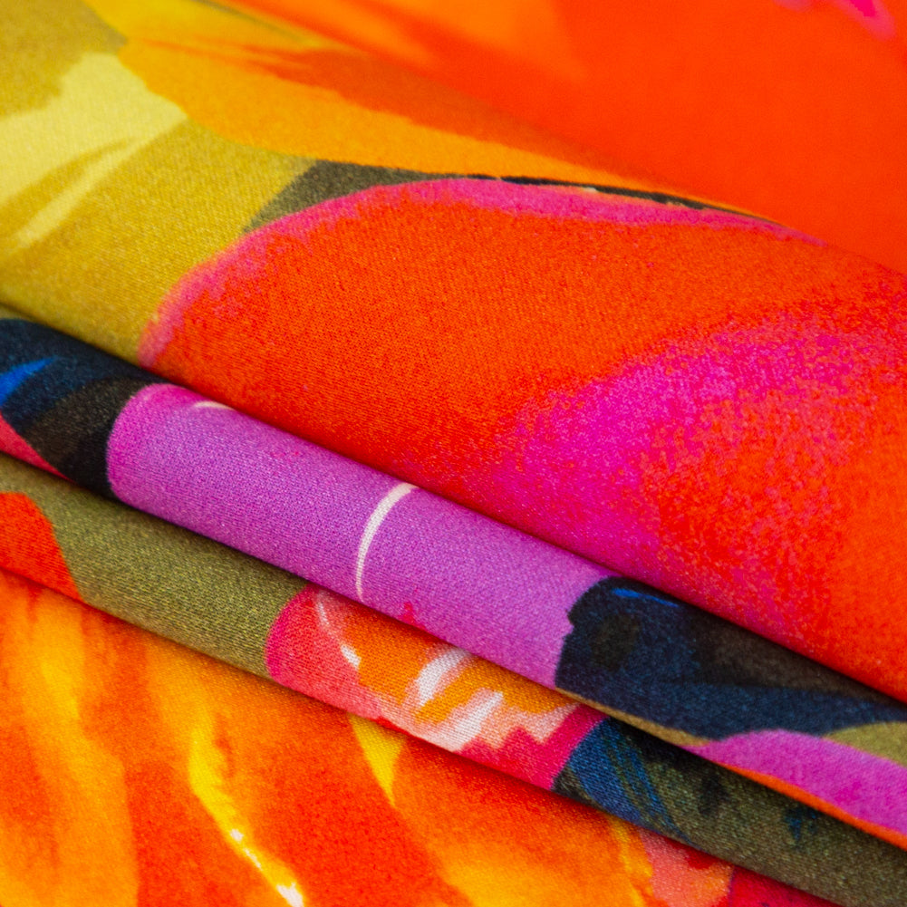 Italian Proper Pink and Tangy Orange Floral Digitally Printed Silk Charmeuse - Detail