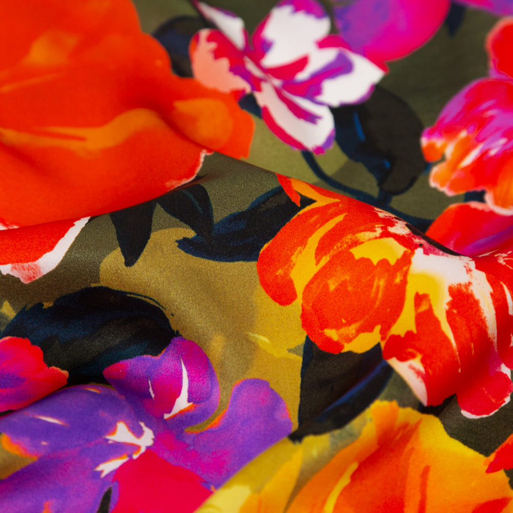 Italian Proper Pink and Tangy Orange Floral Digitally Printed Silk Charmeuse - Full