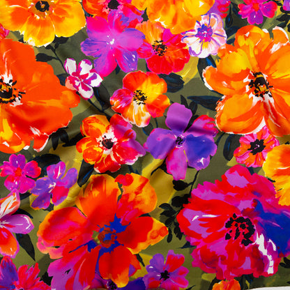 Italian Proper Pink and Tangy Orange Floral Digitally Printed Silk Charmeuse