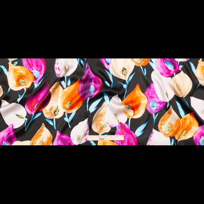 Mood Exclusive Italian Black, Pink and Orange Floral Digitally Printed Silk Charmeuse Folded