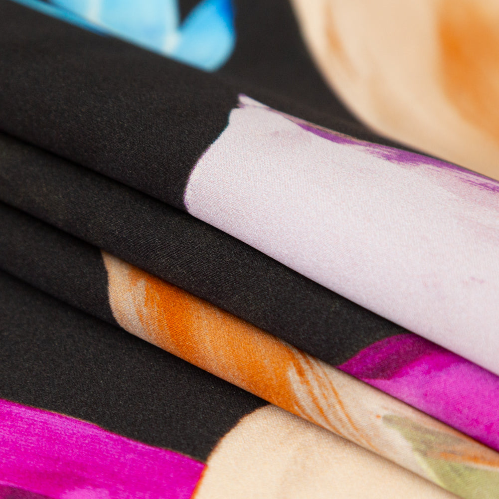 Mood Exclusive Italian Black, Pink and Orange Floral Digitally Printed Silk Charmeuse Detail