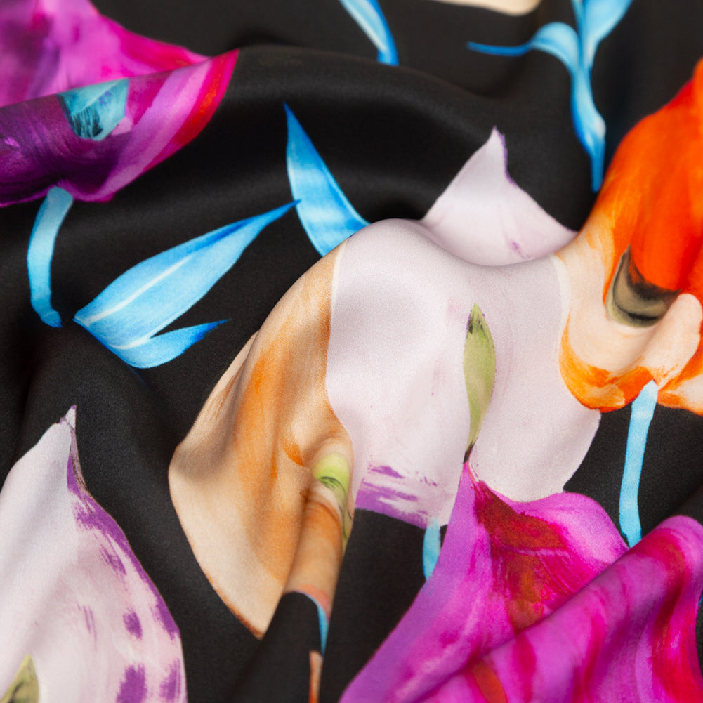 Mood Exclusive Italian Black, Pink and Orange Floral Digitally Printed Silk Charmeuse Full