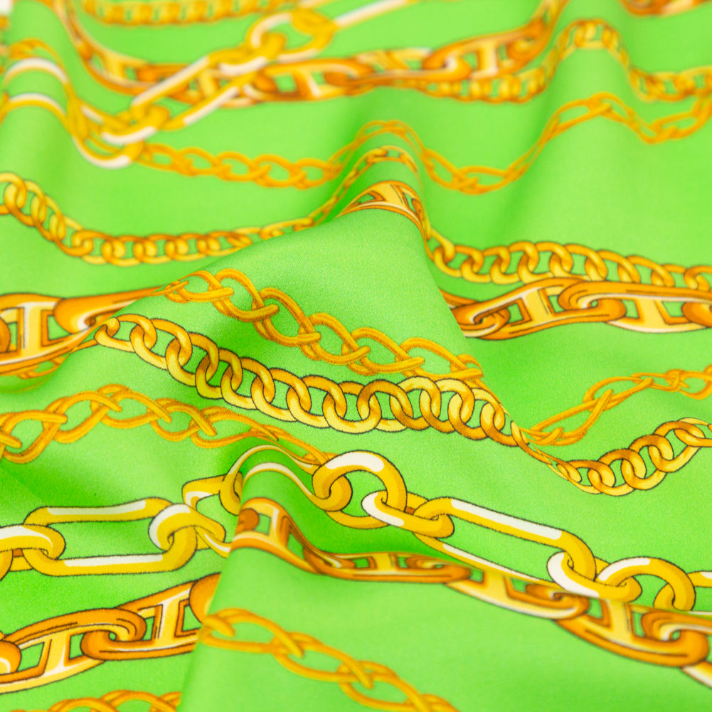 Mood Exclusive Italian Kelly Green and Gold Chains Digitally Printed Silk Charmeuse Detail