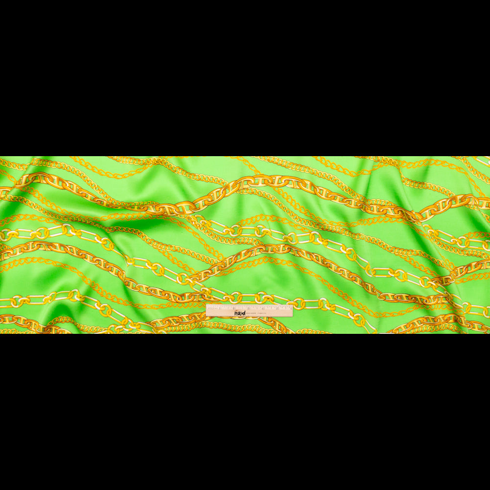 Mood Exclusive Italian Kelly Green and Gold Chains Digitally Printed Silk Charmeuse Full