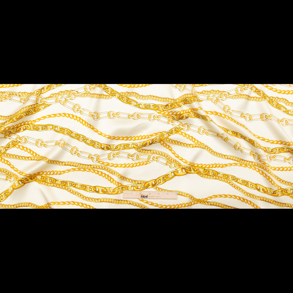 Italian Chino Green and Gold Chains Digitally Printed Silk Charmeuse - Folded