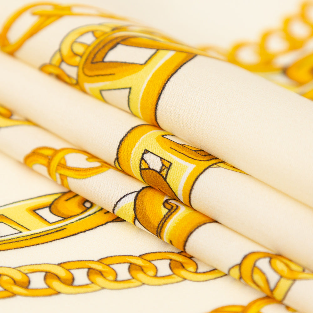 Italian Chino Green and Gold Chains Digitally Printed Silk Charmeuse - Detail