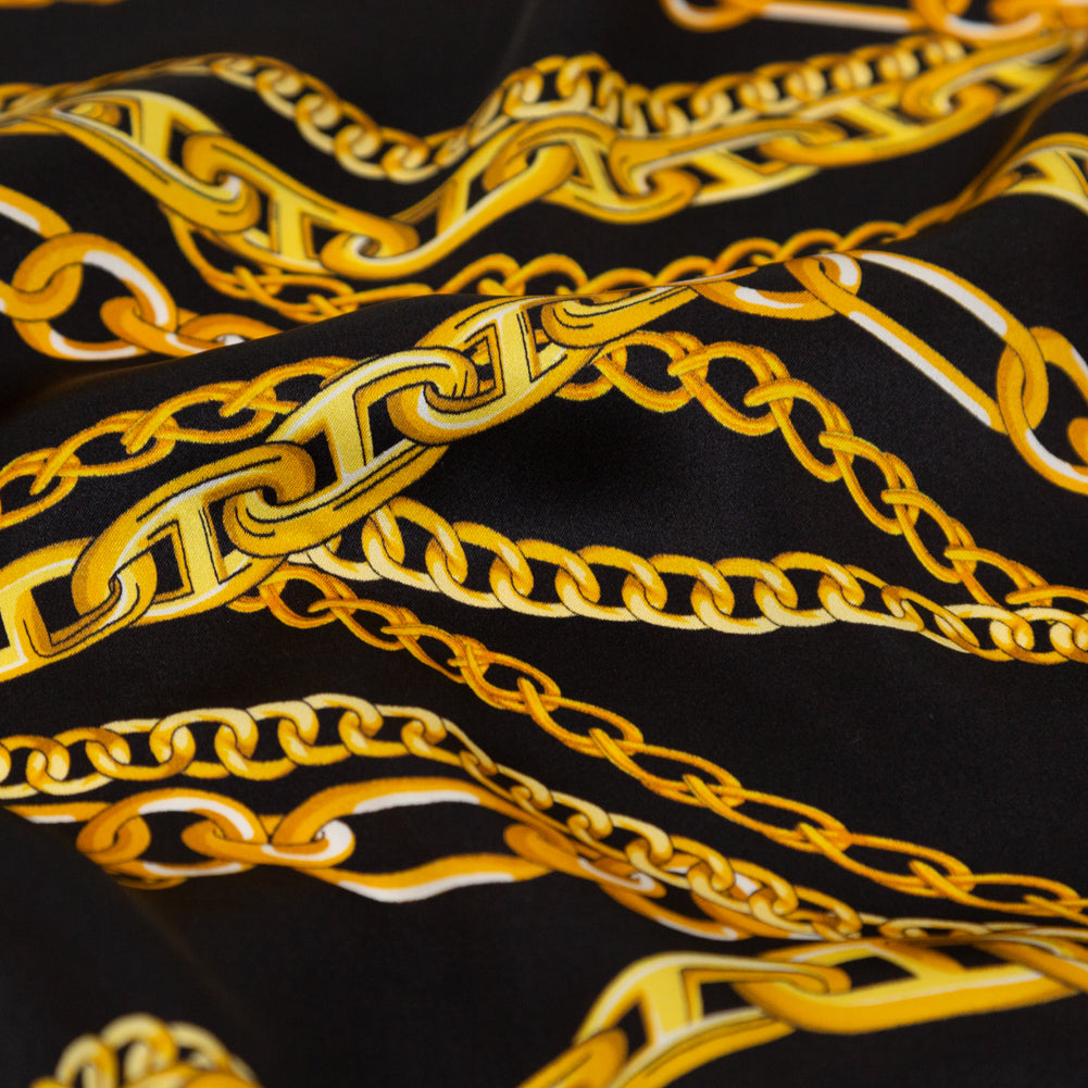 Italian Black Bean and Gold Chains Digitally Printed Silk Charmeuse - Full