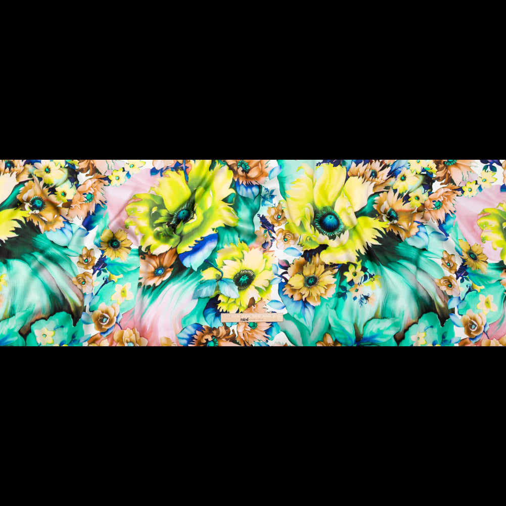 Italian Chartruese and Sea Green Whimsical Floral Digitally Printed Silk Charmeuse - Folded