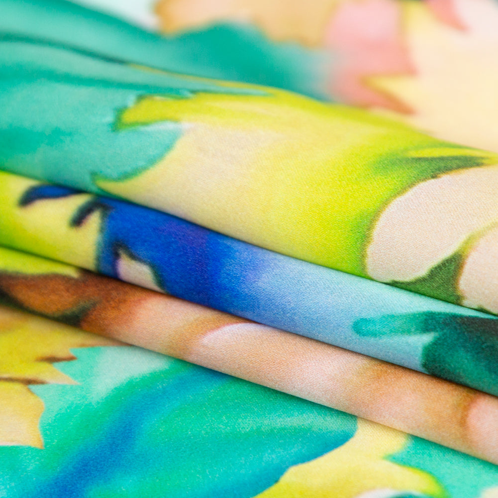 Italian Chartruese and Sea Green Whimsical Floral Digitally Printed Silk Charmeuse - Detail