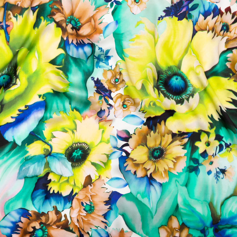 Italian Chartruese and Sea Green Whimsical Floral Digitally Printed Silk Charmeuse