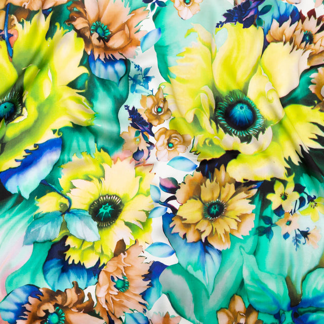 Italian Chartruese and Sea Green Whimsical Floral Digitally Printed Silk Charmeuse