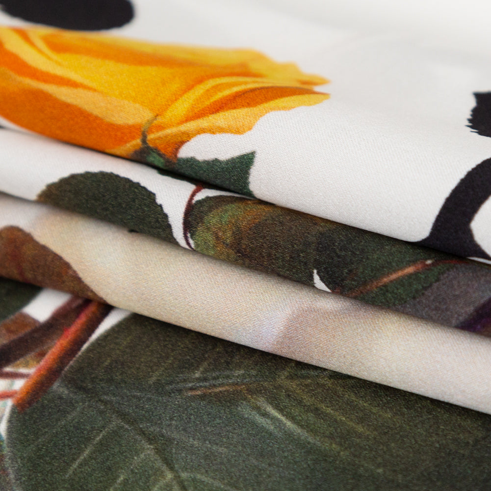 Italian Black, White and Golden Poppy Floral Border Digitally Printed Silk Charmeuse - Folded