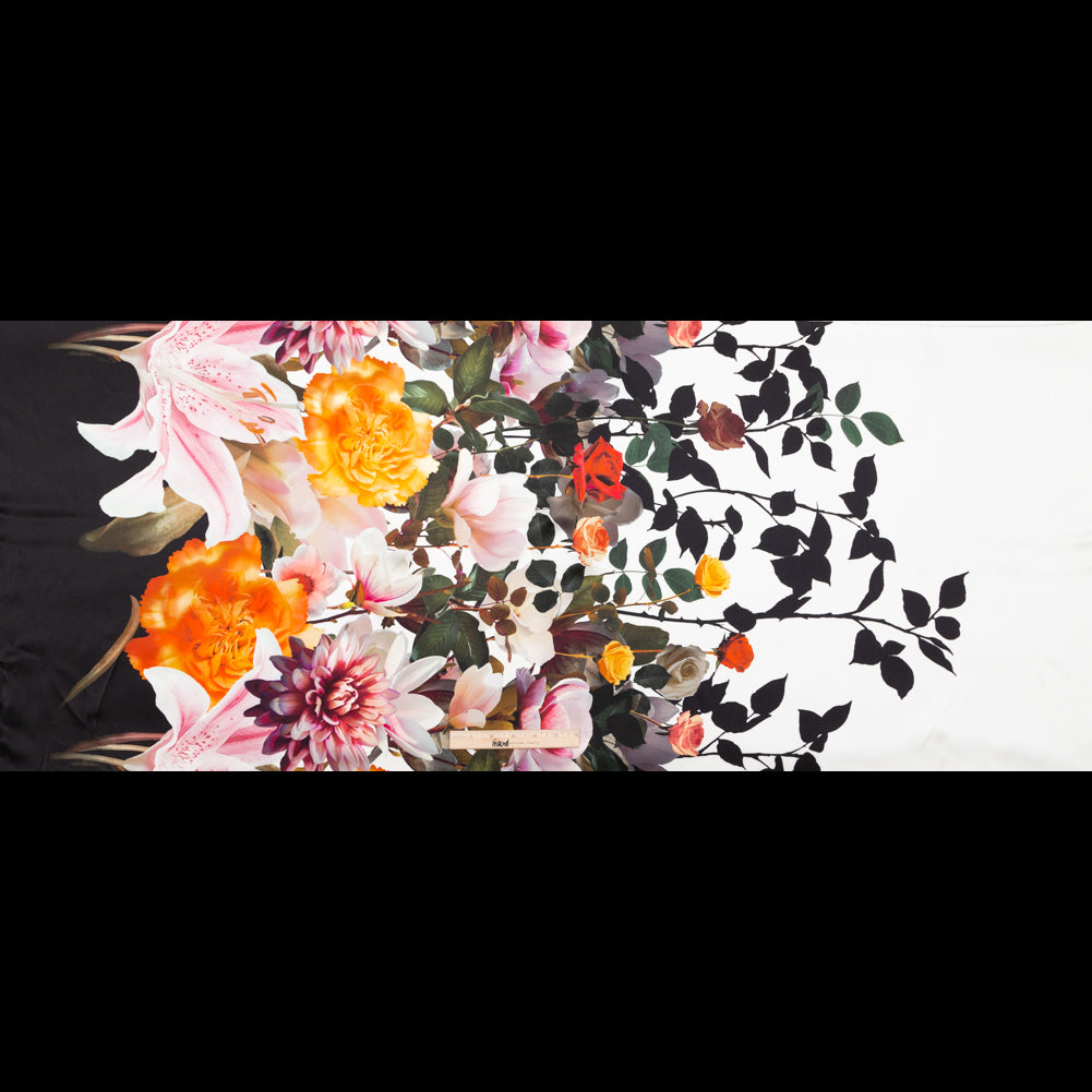 Italian Black, White and Golden Poppy Floral Border Digitally Printed Silk Charmeuse - Full