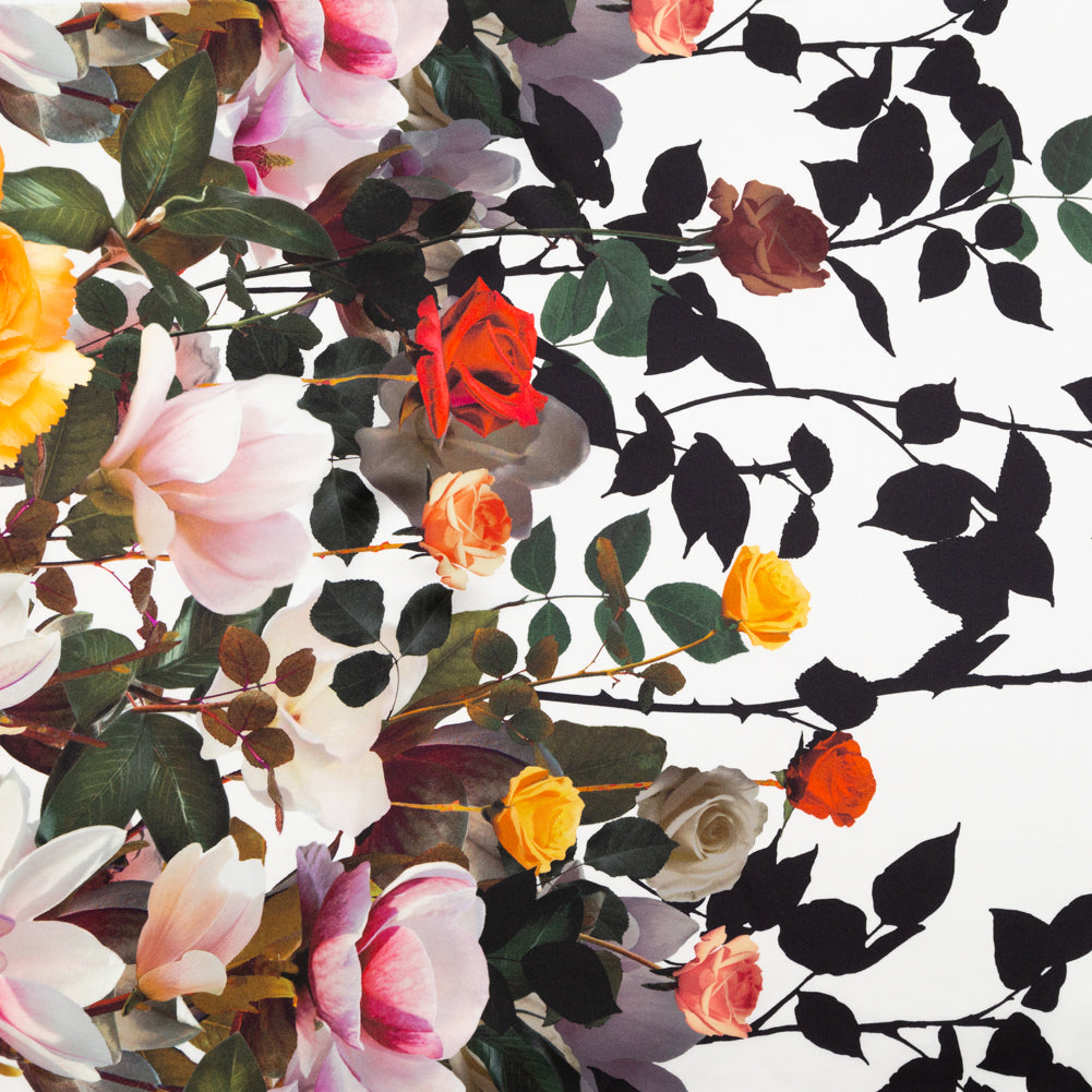 Italian Black, White and Golden Poppy Floral Border Digitally Printed Silk Charmeuse